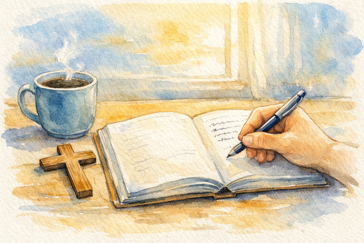 Morning devotional journal with cross and coffee representing authentic Christian faith and personal branding
