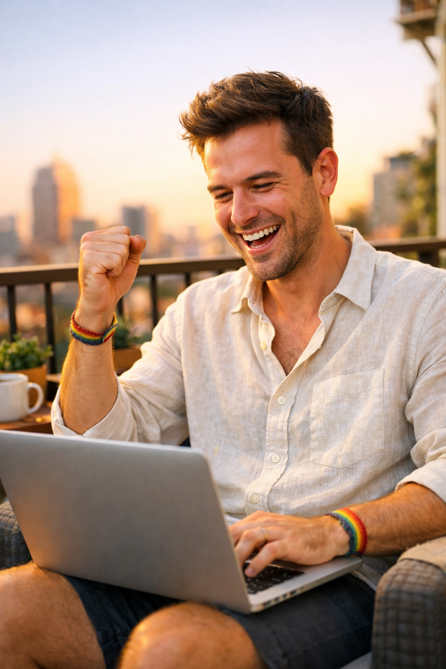A happy gay author publishing LGBTQ+ fiction on his laptop, celebrating creative freedom and equity.