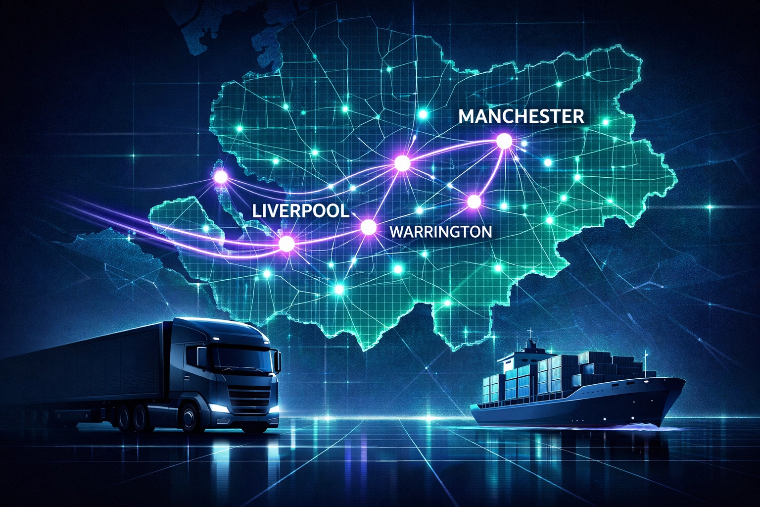 Strategic logistics network map connecting Liverpool, Manchester, and Warrington for HGV driver recruitment.