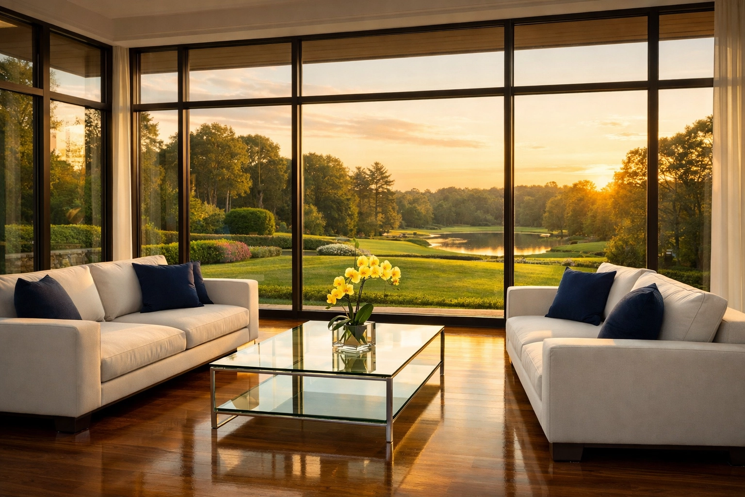 Serene and spotless luxury living room reflecting consistent residential cleaning Massachusetts care.