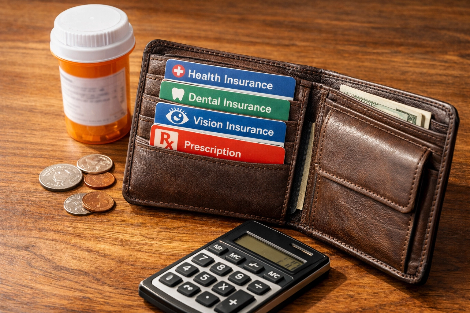 Open wallet with insurance cards and prescription medication showing healthcare costs