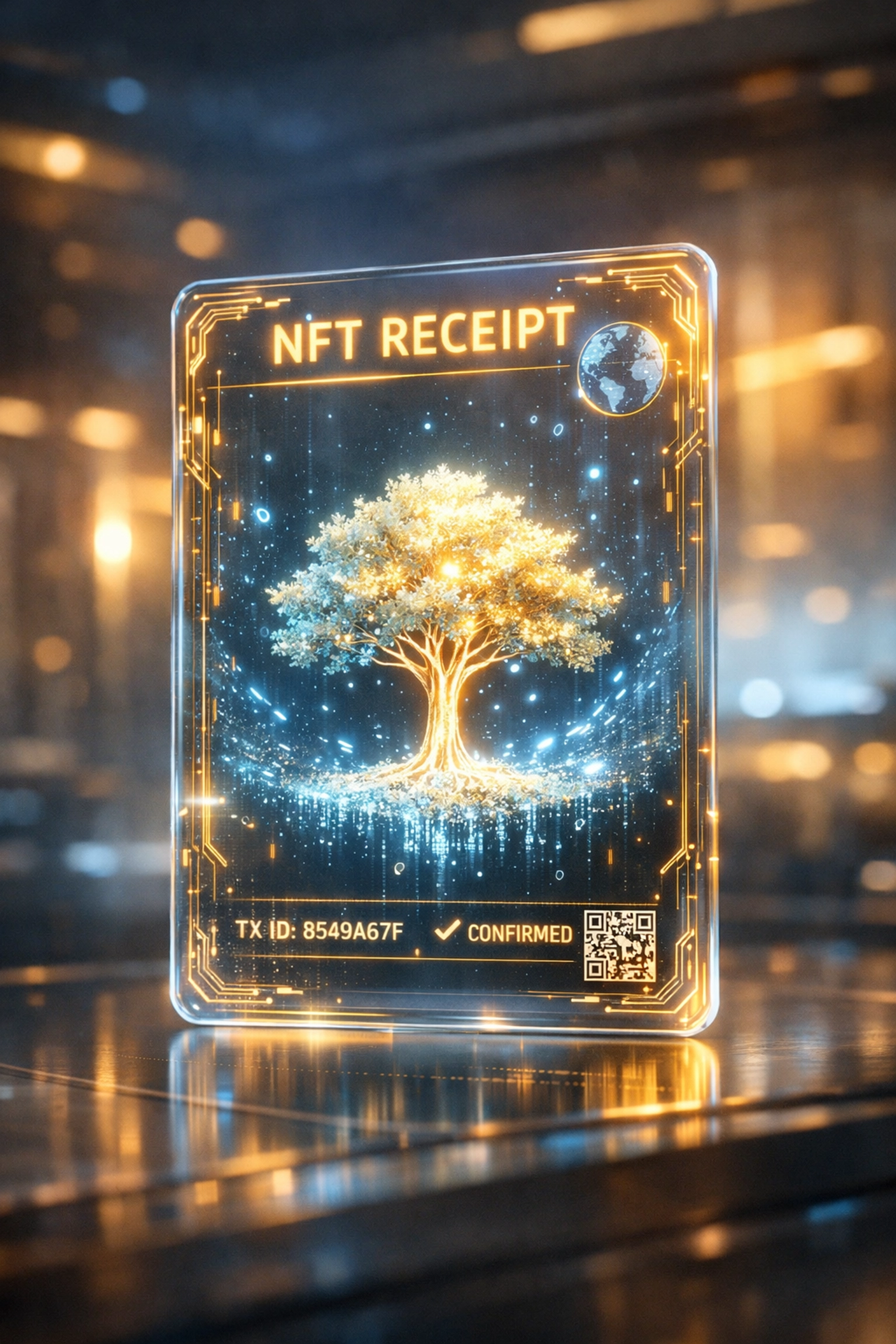 Holographic NFT receipt representing transparent blockchain transactions and social impact for global charities.