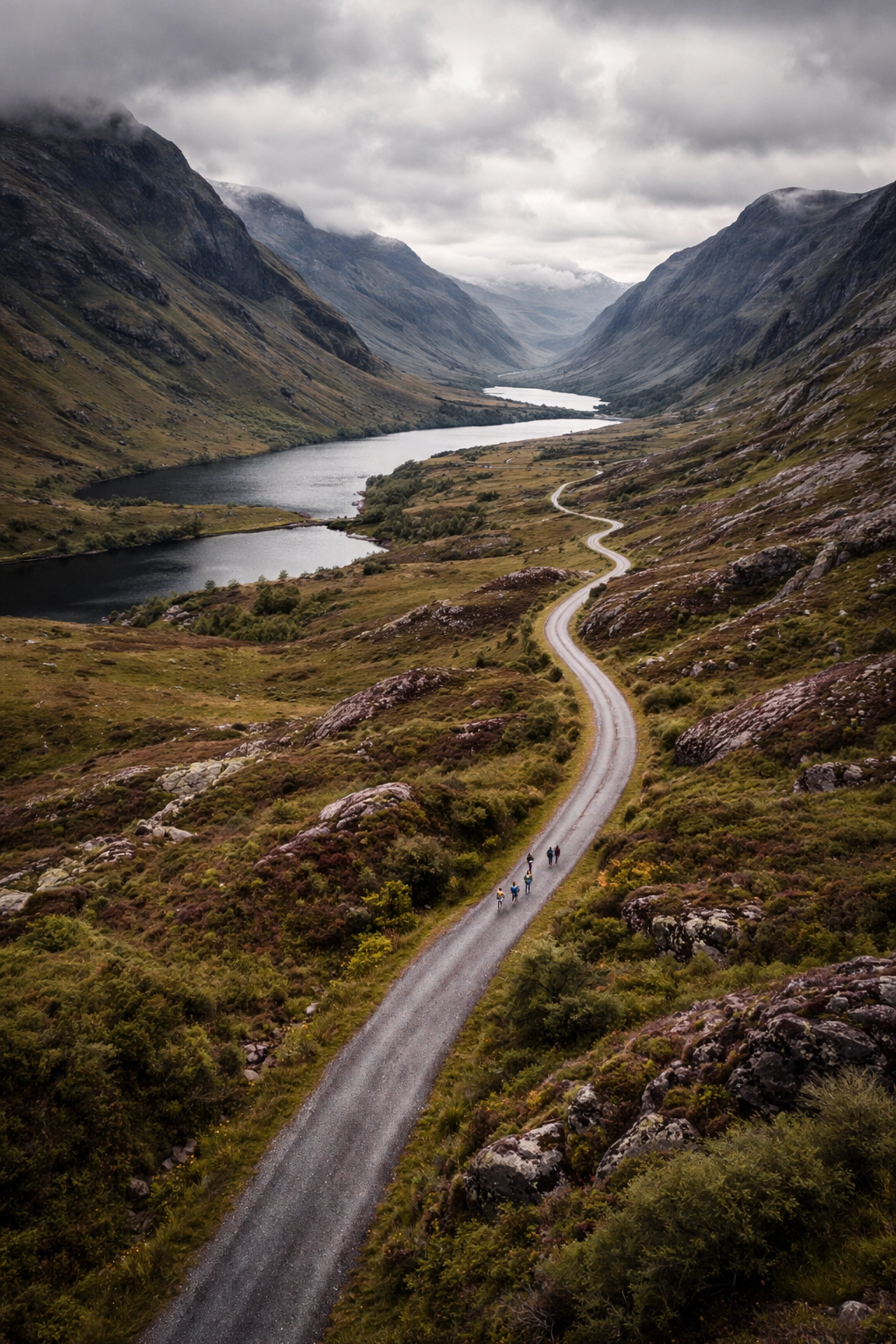 Aerial view of cyclists on winding road in the dramatic Scottish Highlands on LEJOG cycling route