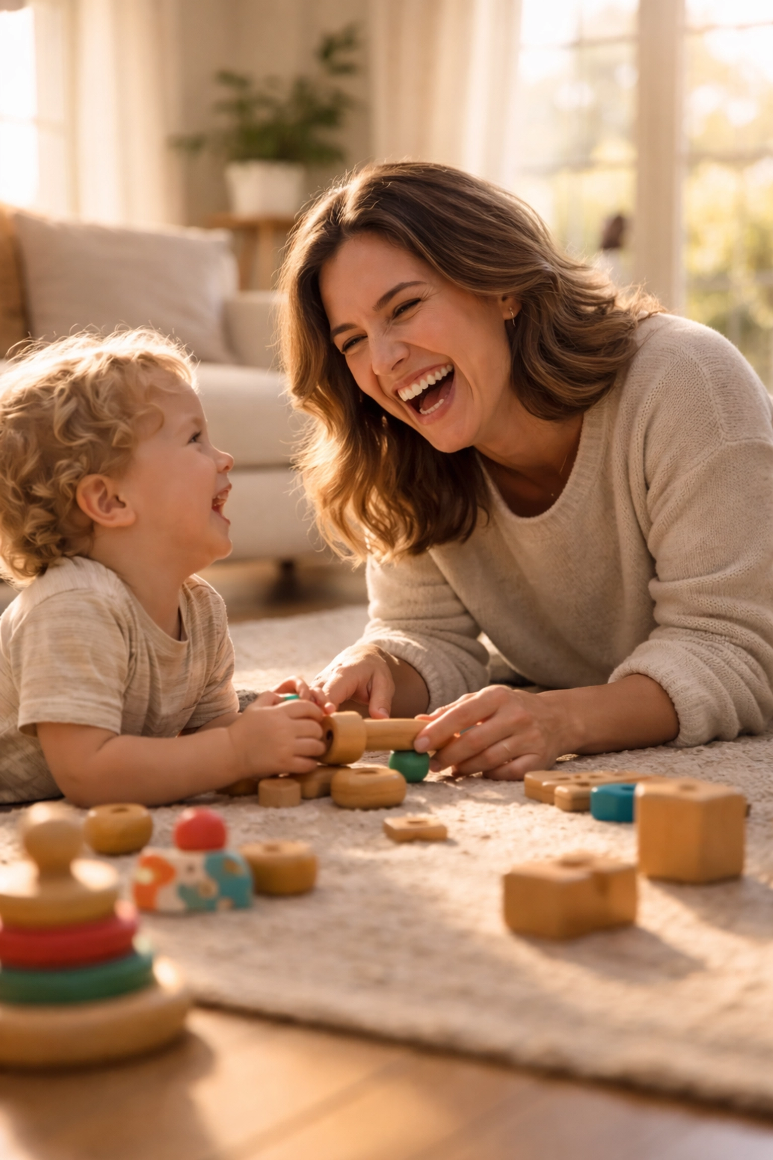 Parent laughing and playing with child on living room floor, highlighting positive family connection through mental health support