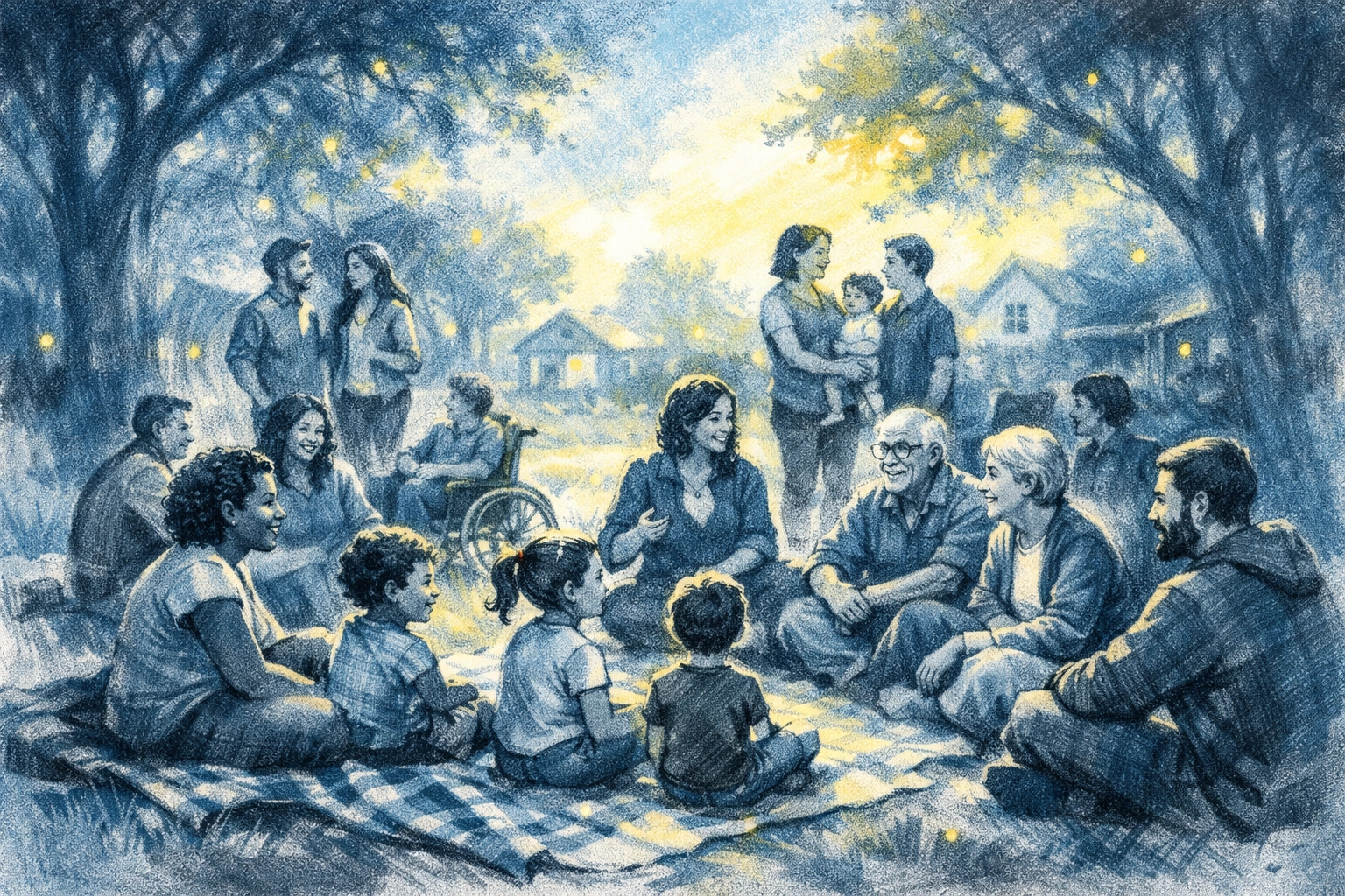 Diverse group gathered in circle at neighborhood park in Memphis community