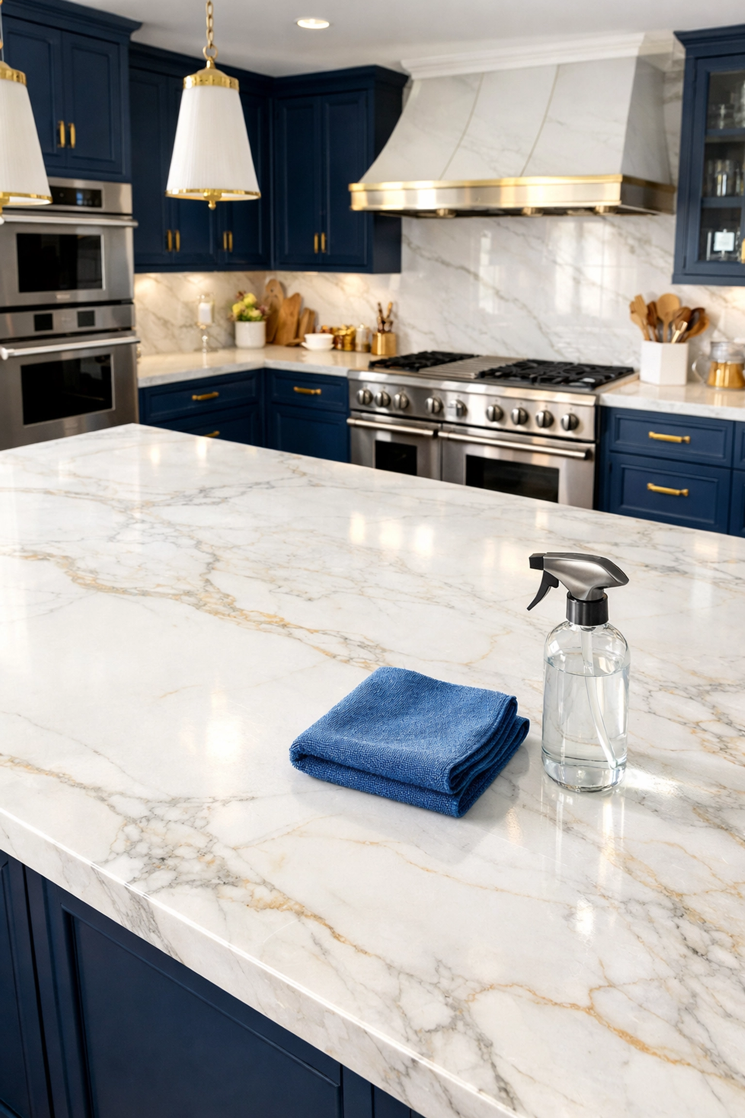 Luxury house cleaning in Lynnfield featuring a marble kitchen island and eco-friendly supplies.