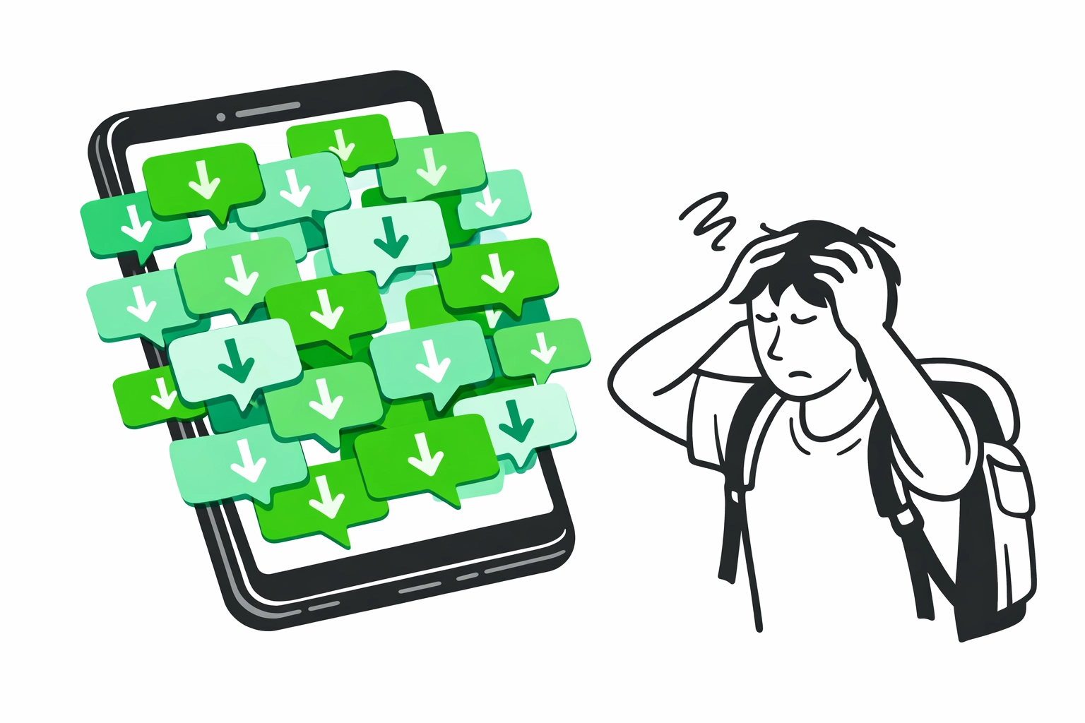 Stressed traveler overwhelmed by flight price alert notifications on smartphone