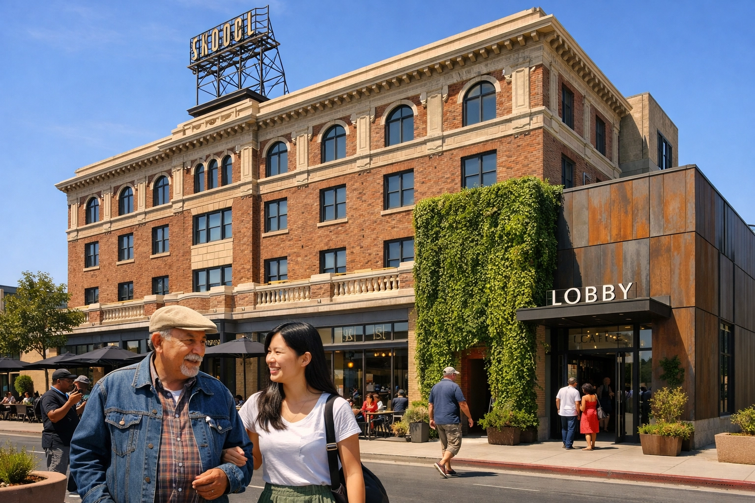 Renovated historic building in West Oakland showing a mix of modern architecture and urban community redevelopment.