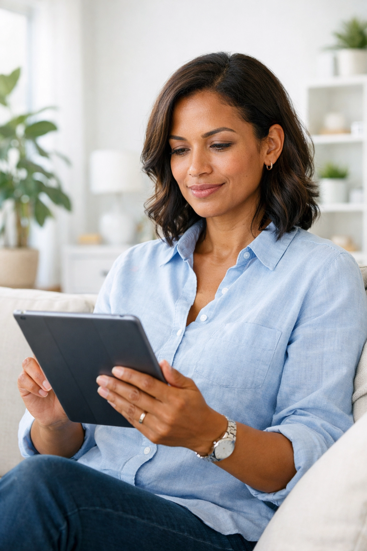 A woman researching Wegovy alternatives and medical weight loss options on a digital tablet.
