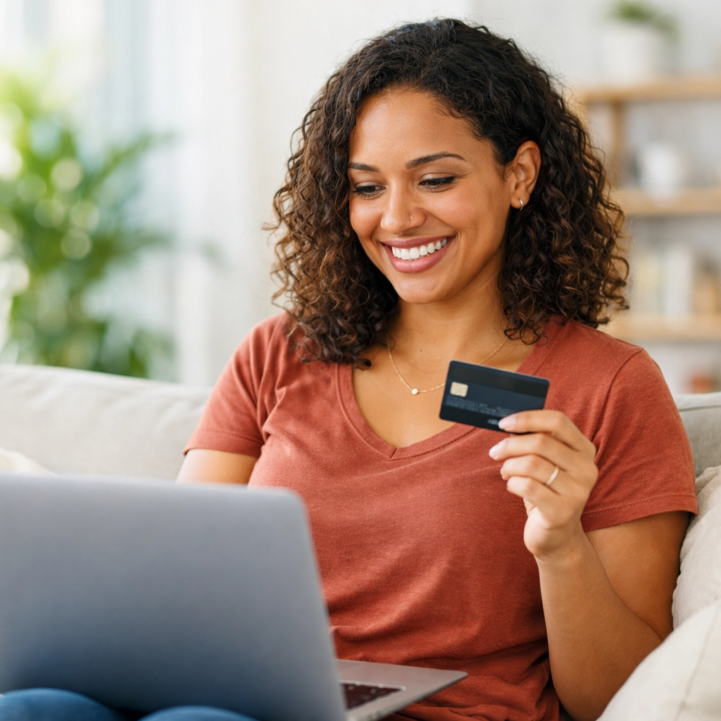Woman smiling while using a secured credit card to rebuild credit in Canada.
