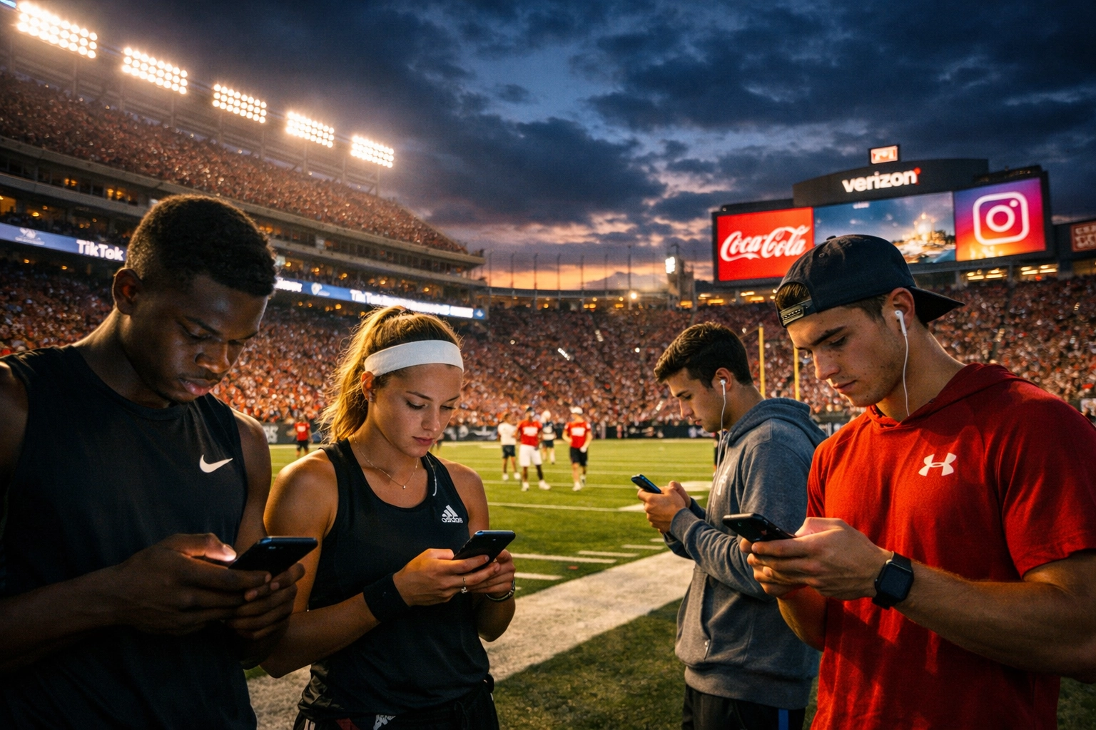 College athletes using smartphones for NIL branding opportunities at illuminated football stadium