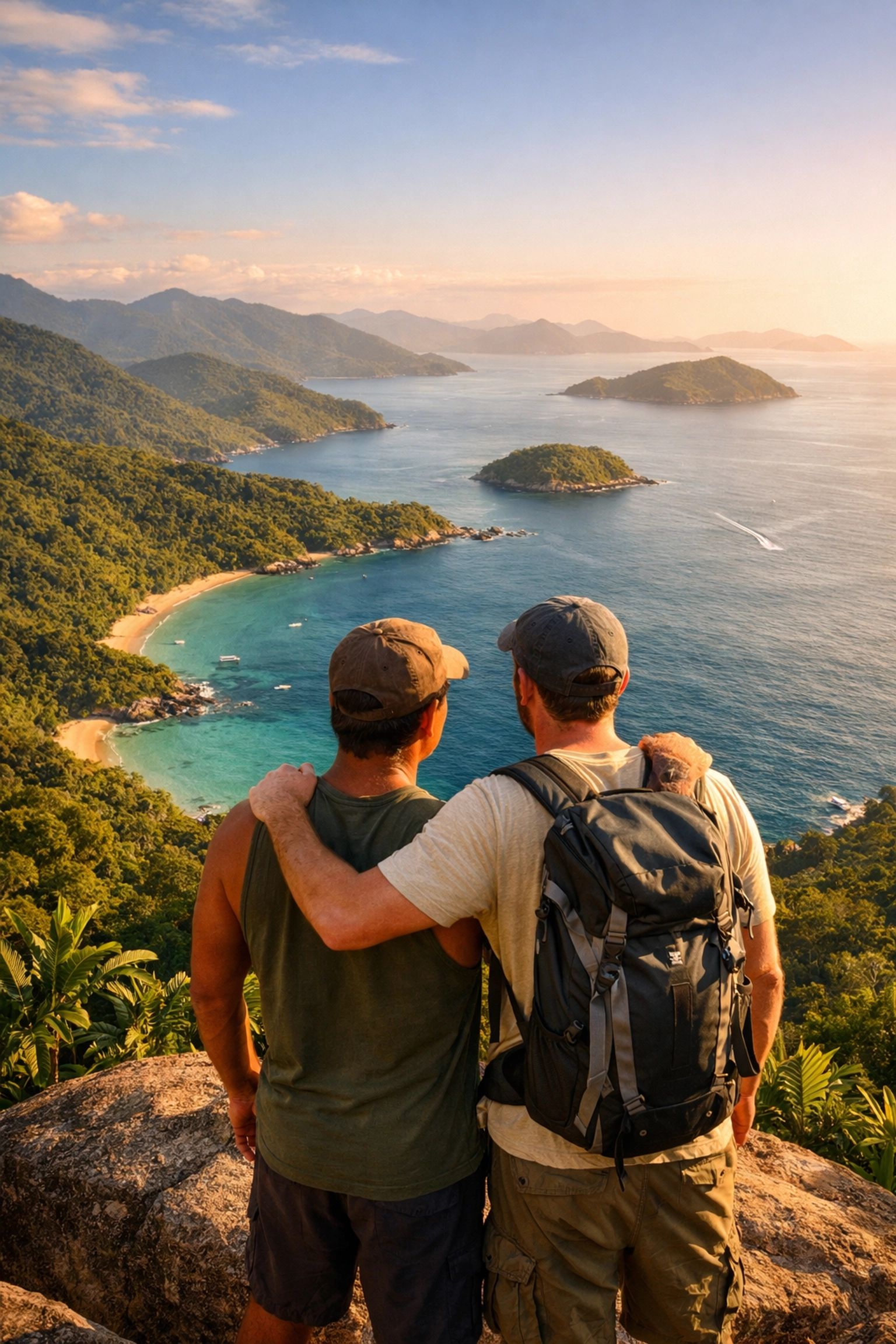 Two men overlook the turquoise ocean and jungle trails of Ilha Grande, Brazil, in a romantic setting.