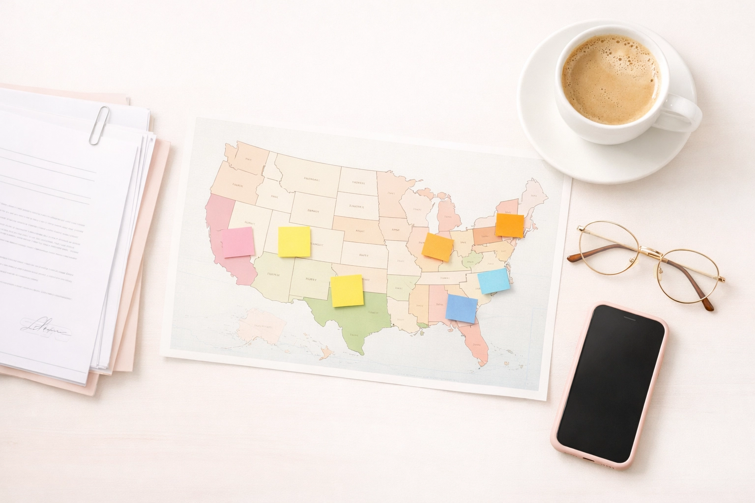 United States map with state workers comp regulations and insurance documents on desk