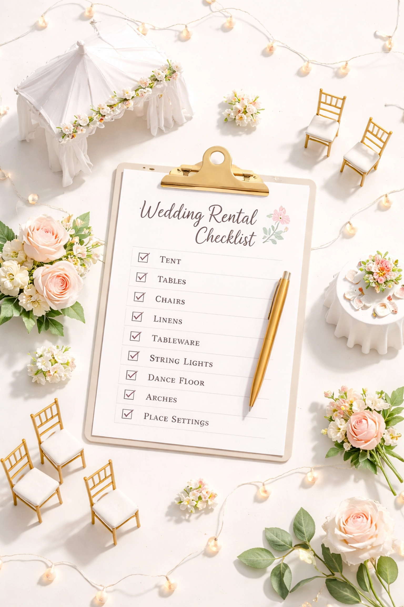 Flat lay of wedding setup checklist with miniature tent, gold chairs, and decor for outdoor event planning