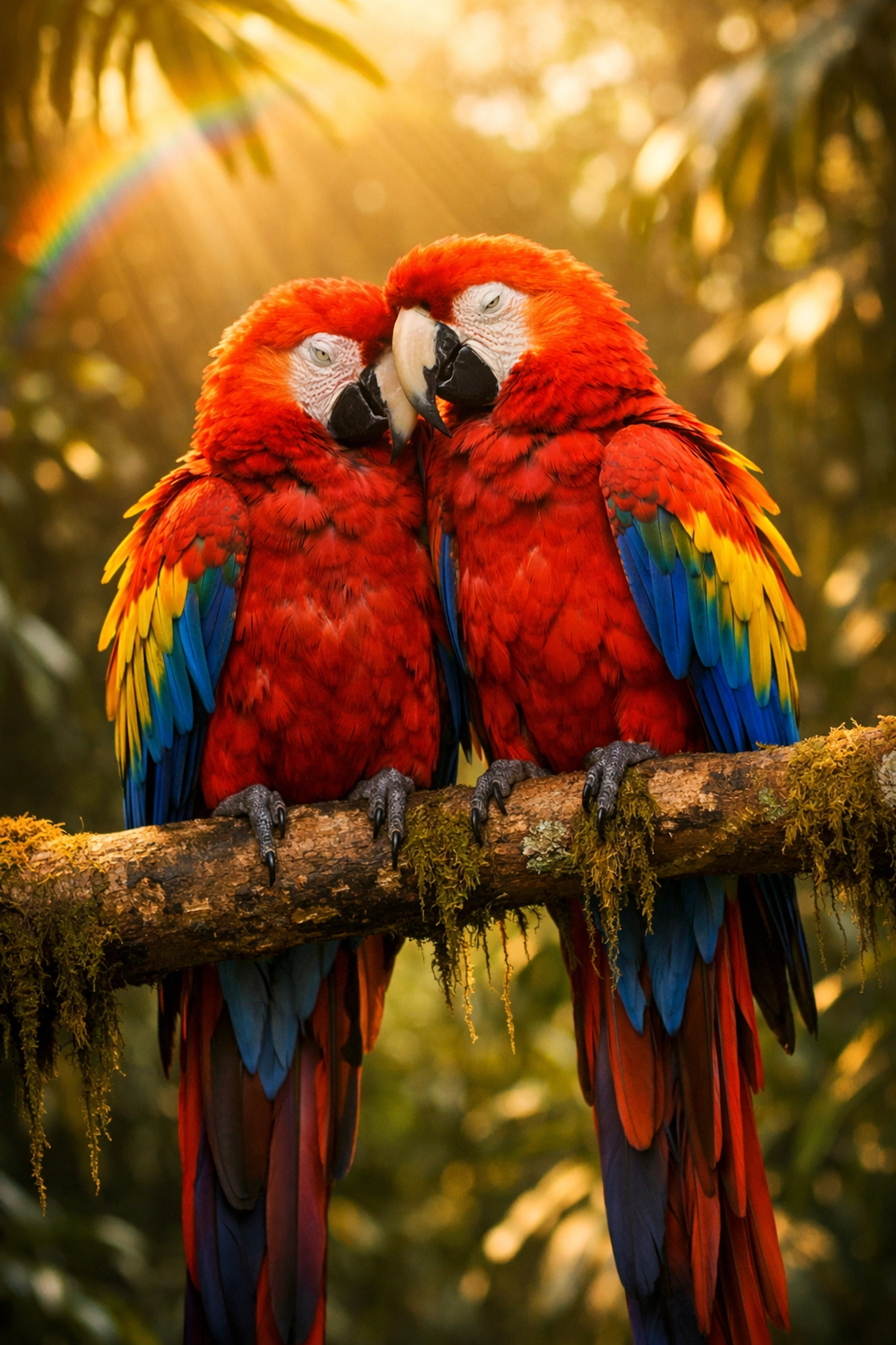 Two male Scarlet Macaw parrots bonding on a branch, showcasing lifelong same-sex pair bonds in nature.