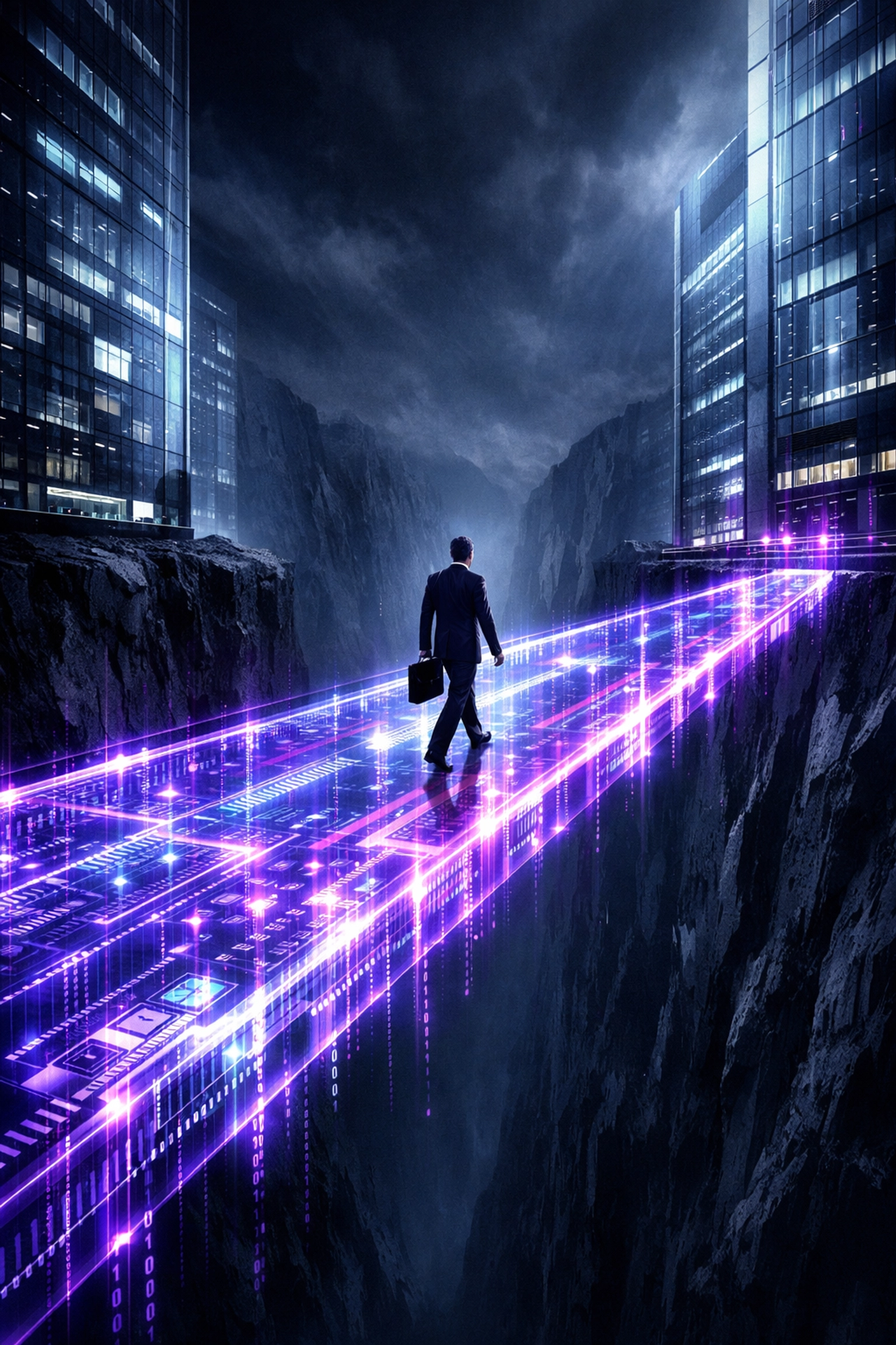 Glowing technological bridge connecting campus to career using custom AI solutions and assessments.