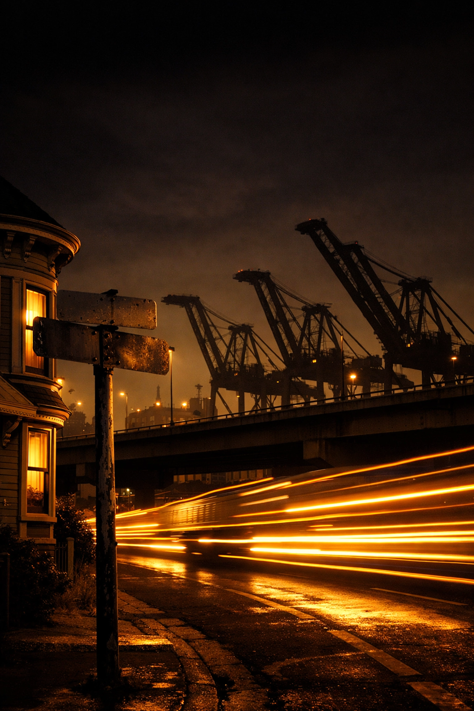 I-880 freeway truck traffic near industrial cranes and residential homes in Oakland's redlined neighborhoods.