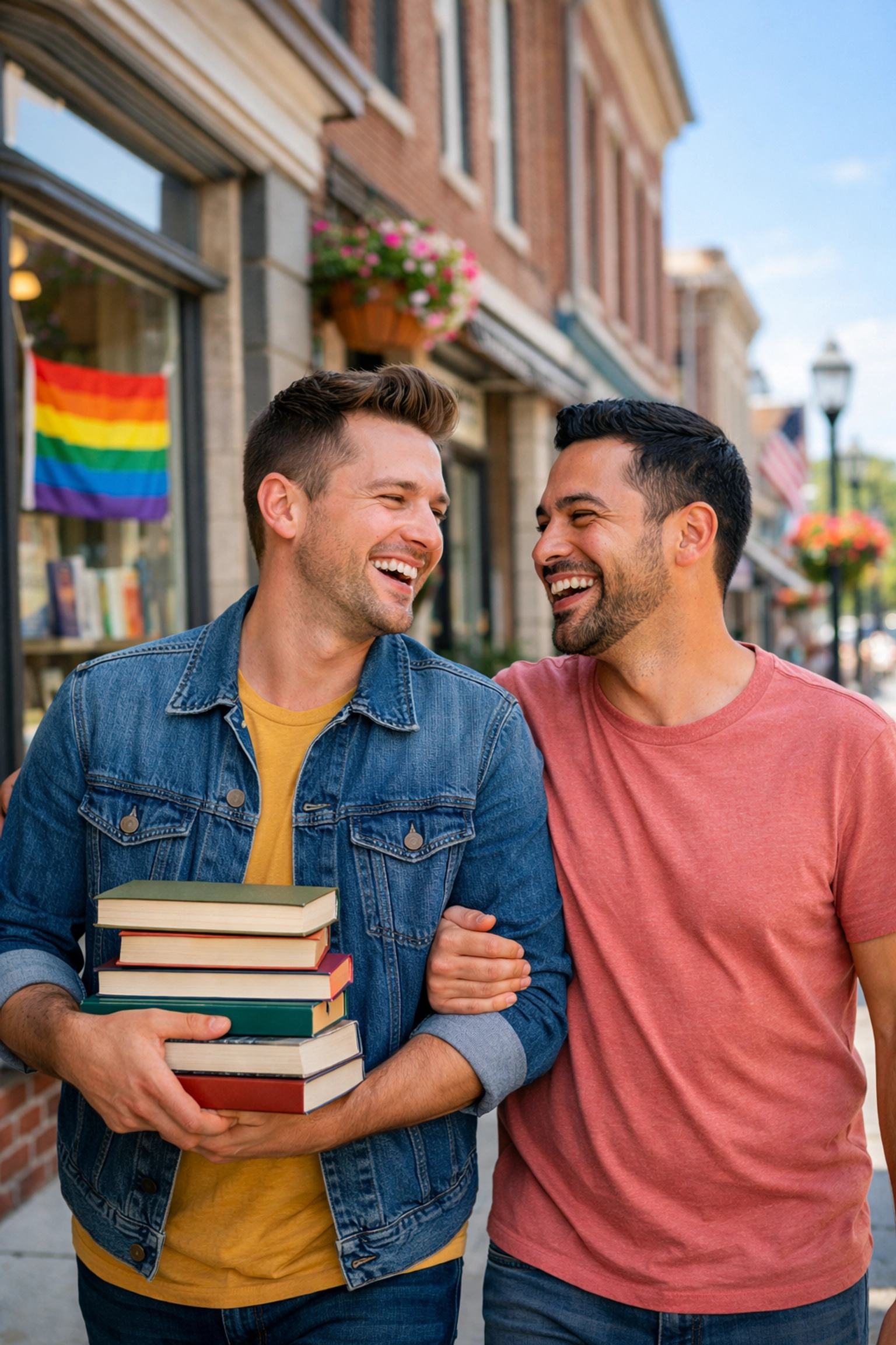 A happy gay couple walking together through a small-town main street, celebrating pride and local community.
