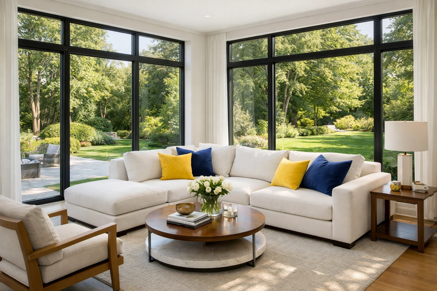 Sun-filled Wayland living room with white furniture, impeccably maintained by professional cleaning services.