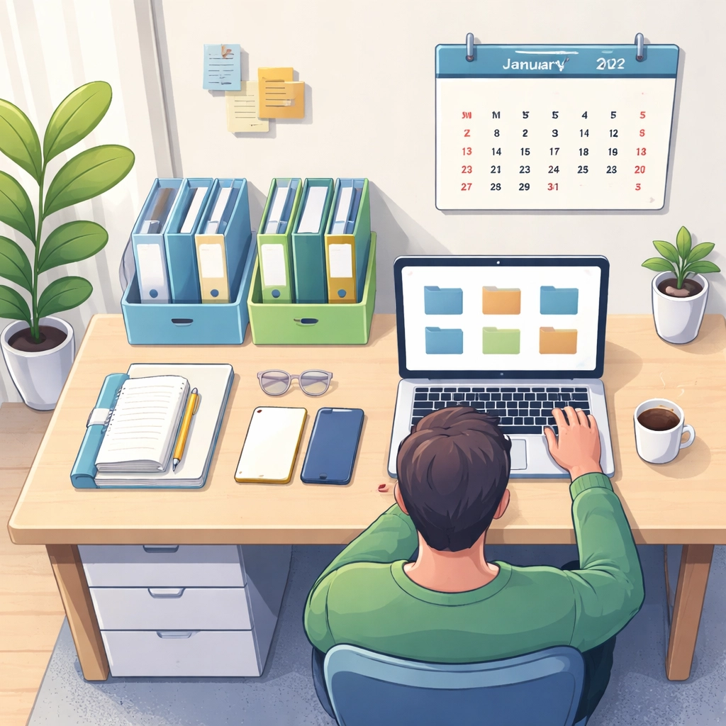Person organizing tax records at a tidy desk with folders, laptop, and calendar for the 2026 tax season deadline