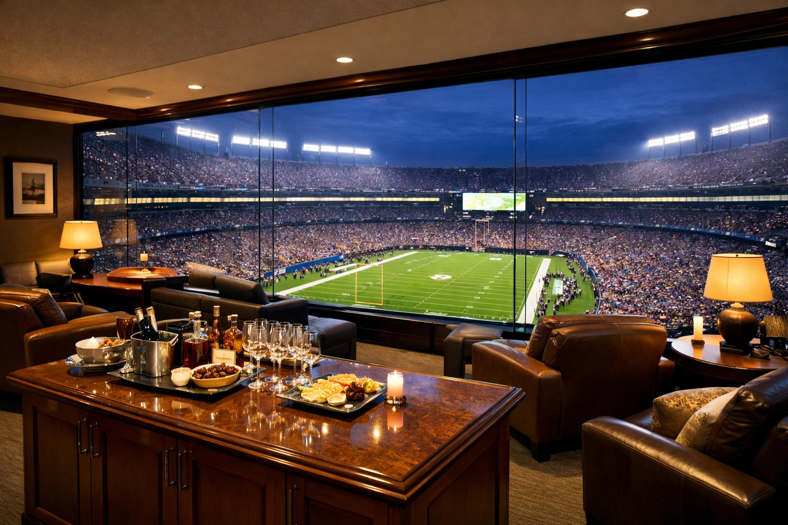 Luxury corporate hospitality suite overlooking a professional football stadium during a major event.