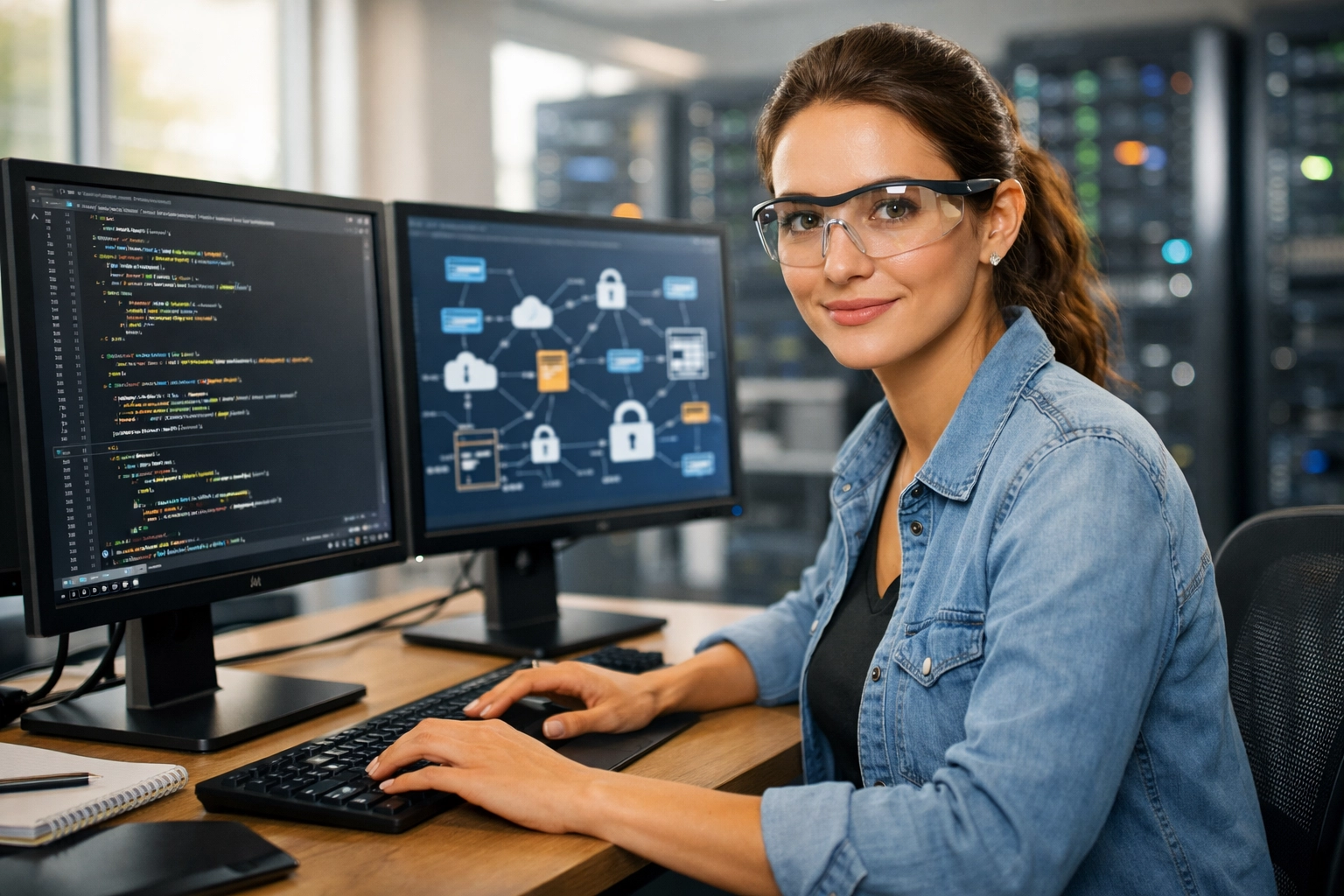 Woman working at a computer workstation in an IT office, pursuing a cybersecurity career