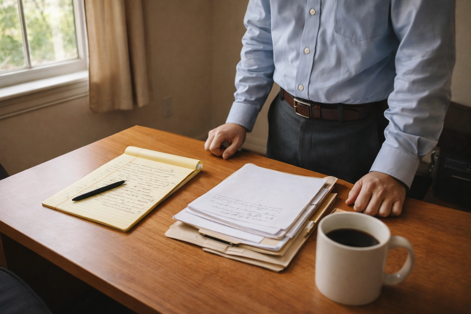 Stafford J&DR Court: realistic desk setup with a legal notepad, pen, and coffee while preparing for a court date