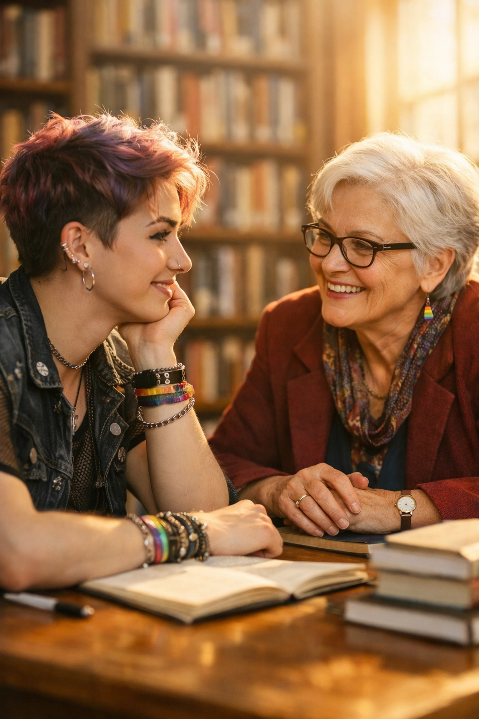 LGBTQ+ student and professor discussing queer leadership and education in a university library.