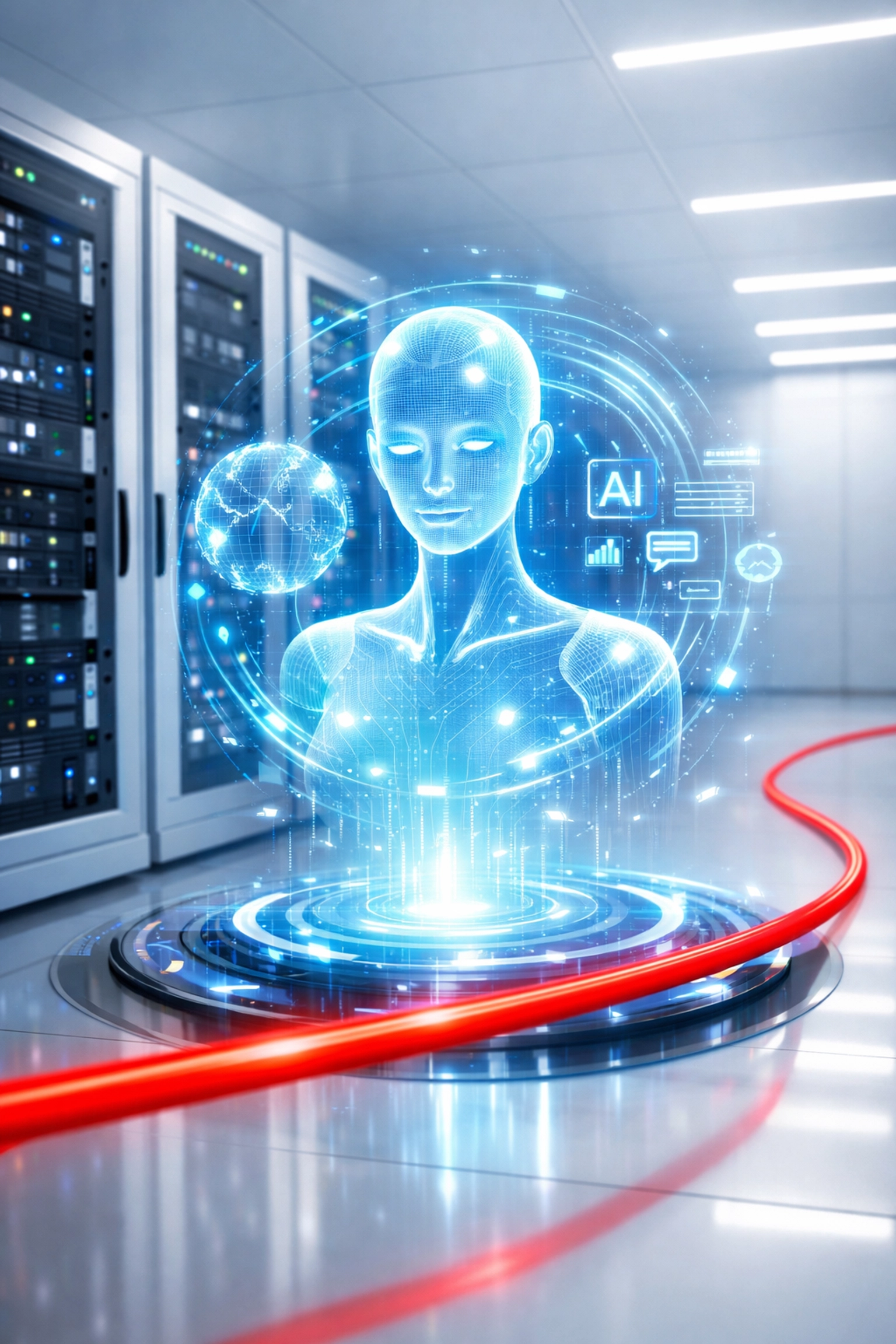 Holographic AI agent interface in a modern data center showing platform modernization for agentic AI.