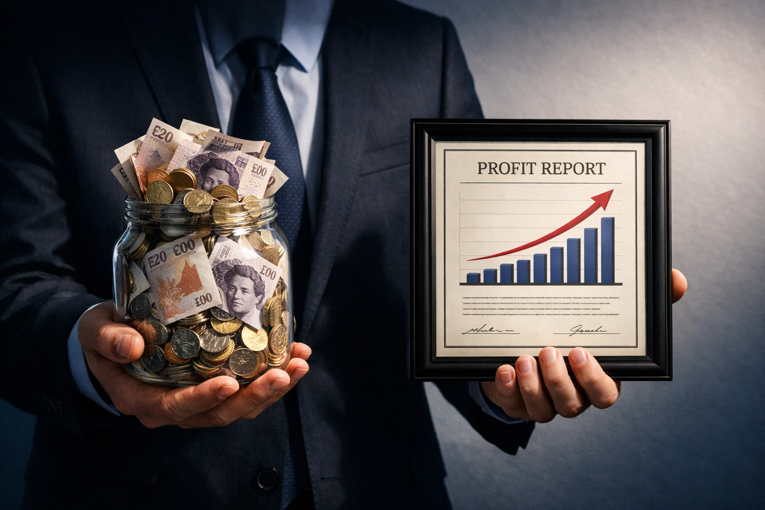Hands comparing physical cash flow versus profit documents for startup finances