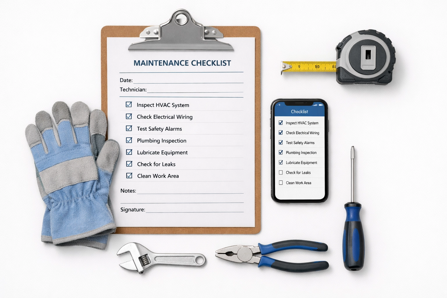 Standardized apartment turnover checklist with maintenance tools and supplies organized on workspace