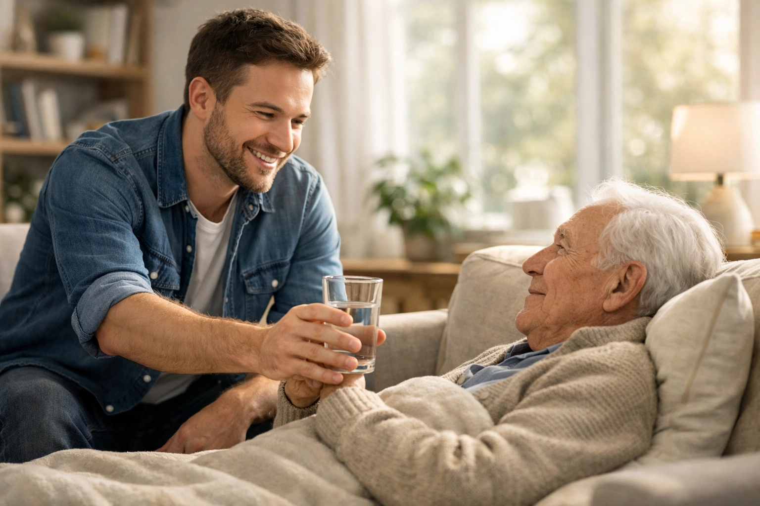A young man serving water to an elderly man, illustrating biblical love through selfless care and service.