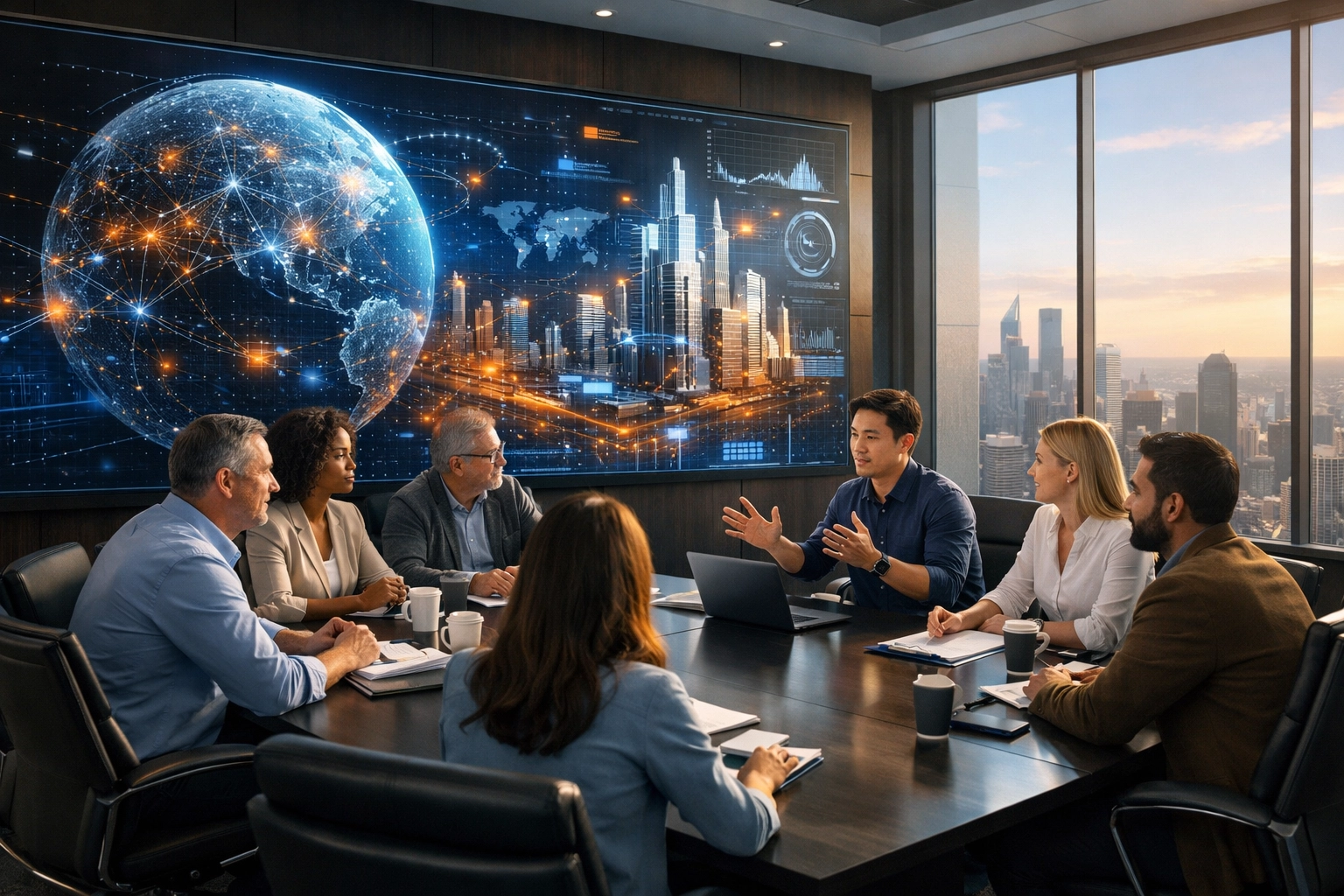 Corporate team in a modern office analyzing global data networks for Dakdan Worldwide strategic consulting services.