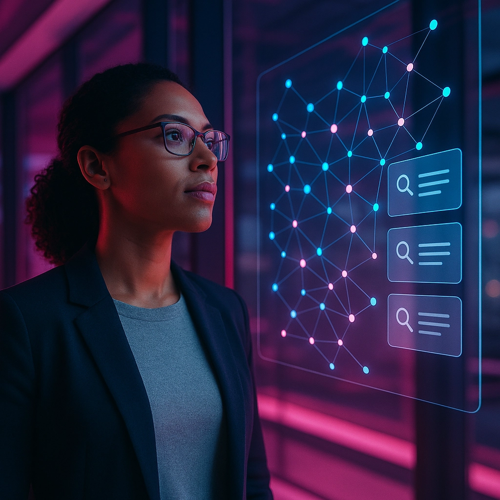 Diverse business professional analyzing AI-powered local SEO data and search results in a modern office setting