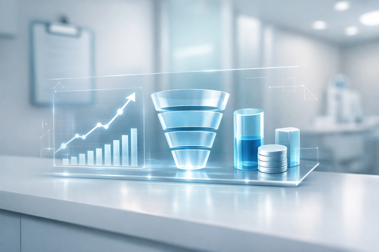 Digital dashboard showing rehab marketing metrics like cost per acquisition and patient lifetime value.