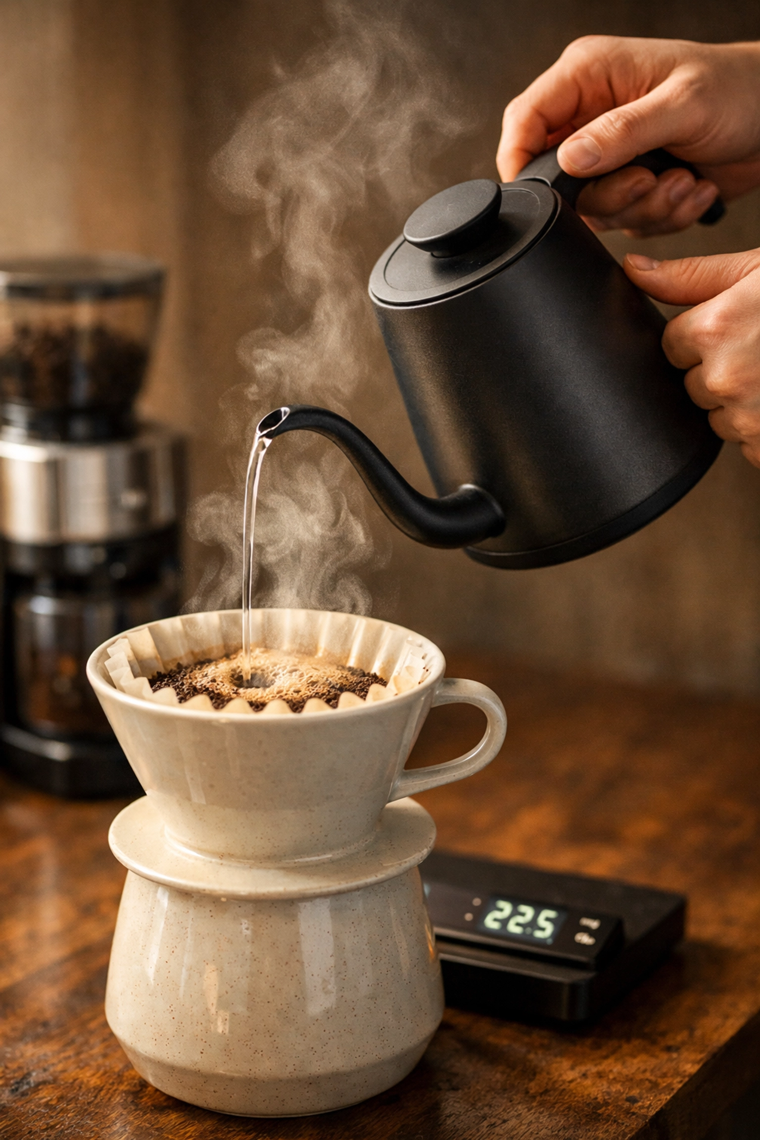 Brewing fresh speciality coffee at home using a gooseneck kettle and pour-over dripper.