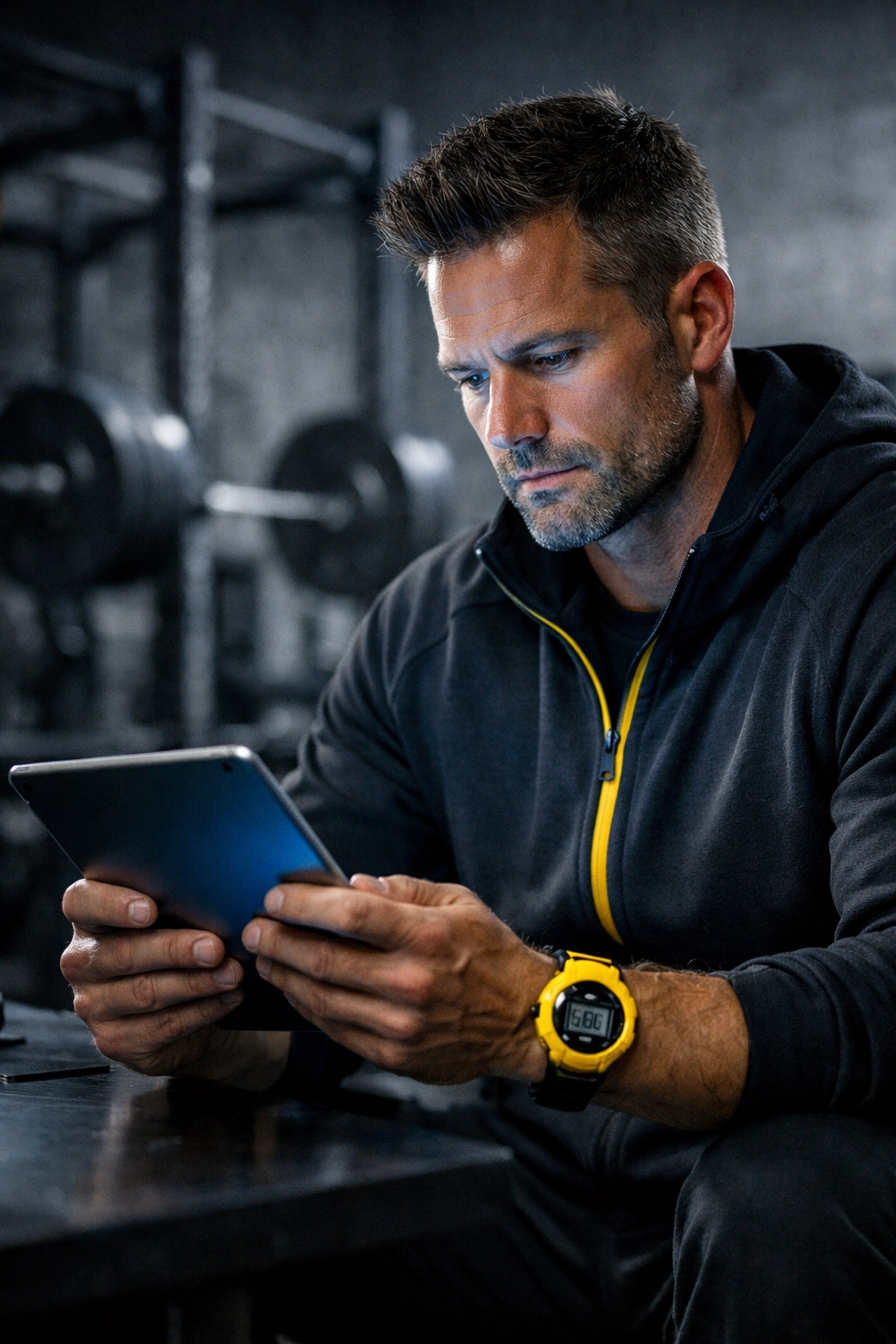Focused gym owner analyzing business data on a tablet to choose a fitness marketing consultant.