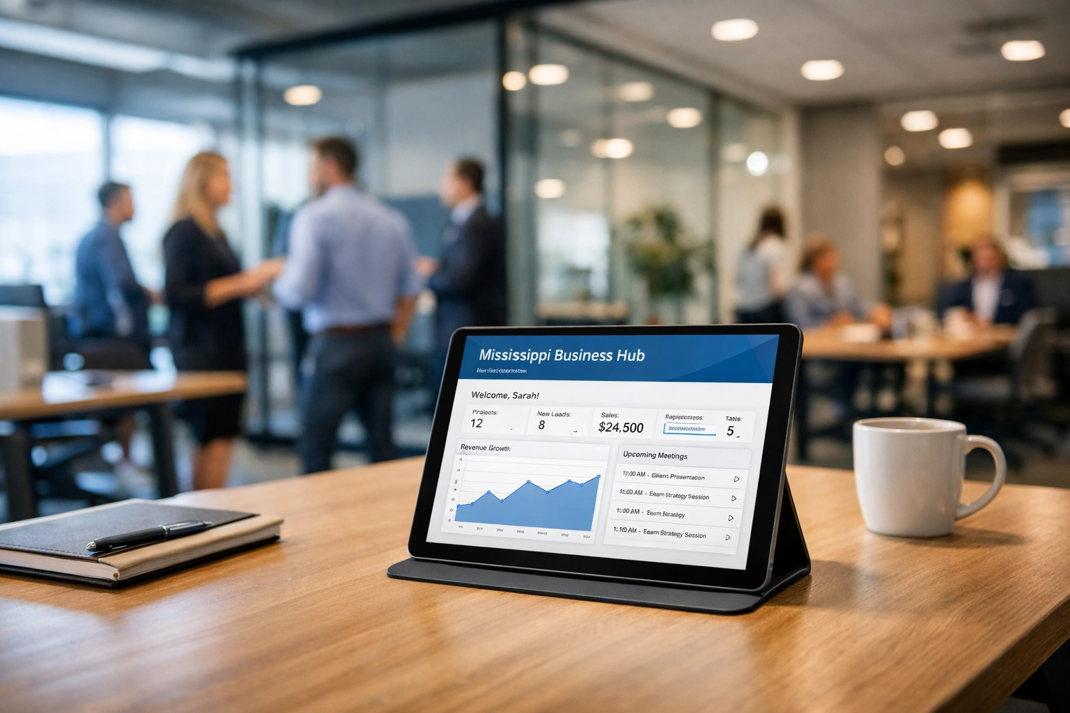 Modern Mississippi office space featuring a digital business document checklist on a tablet.