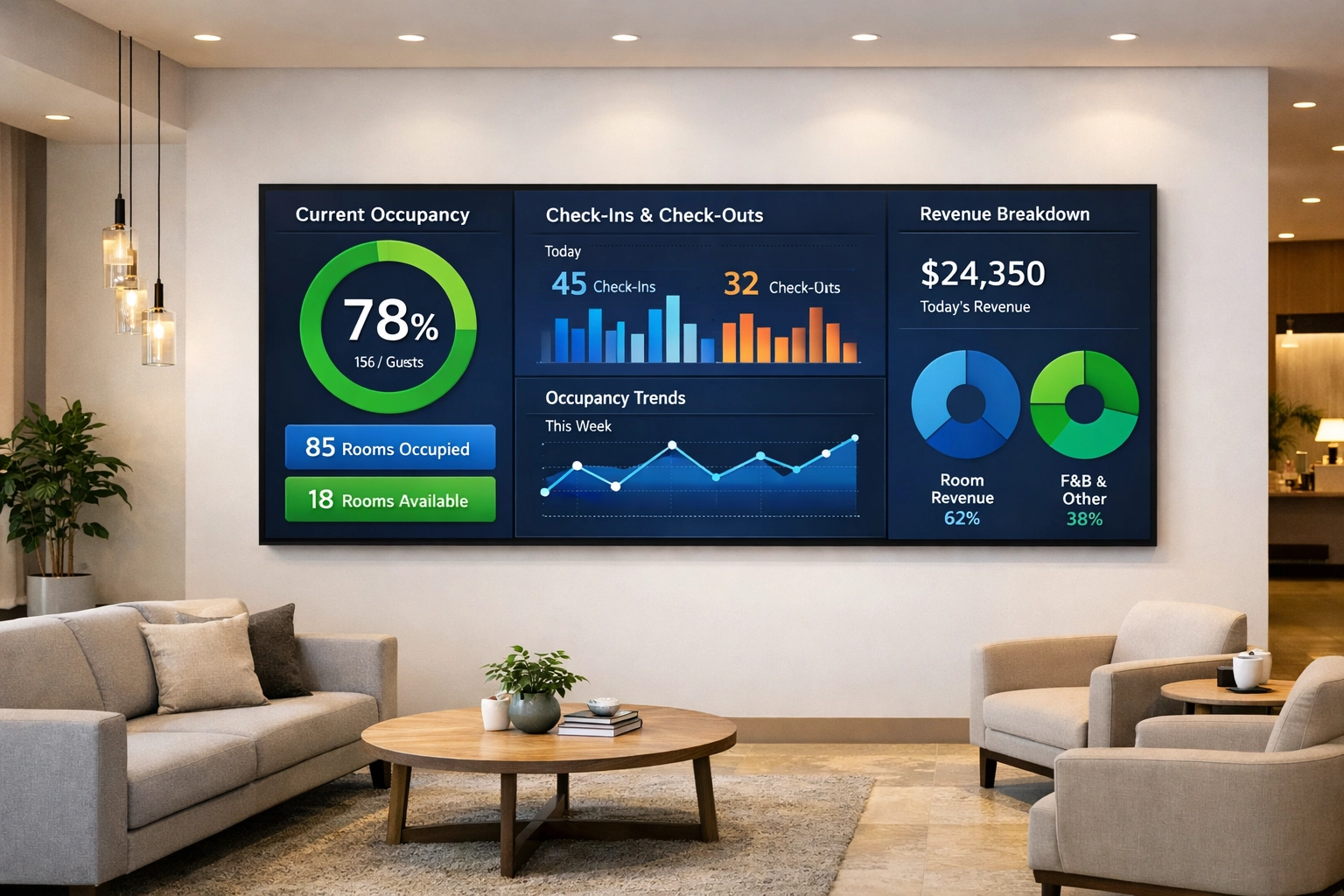 Hotel lobby dashboard displaying real-time occupancy data and performance metrics