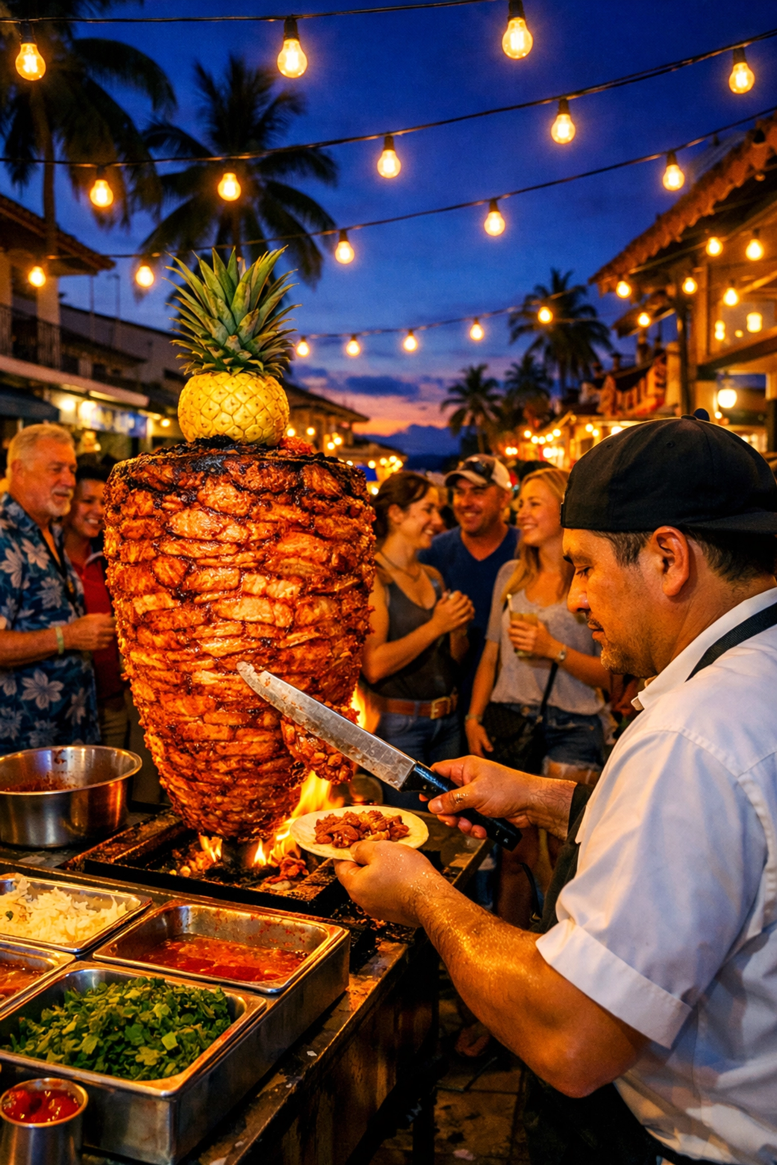A bustling evening street taco stand in Old Town Puerto Vallarta featuring a traditional Al Pastor trompo.
