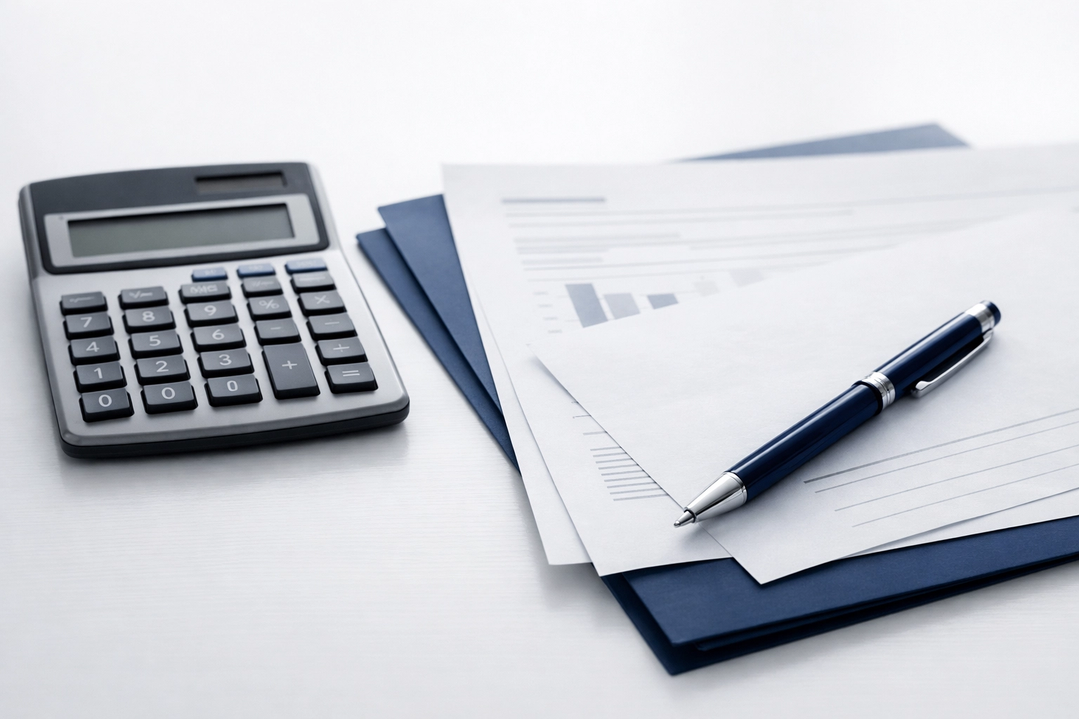 Calculator, papers, and glasses on a desk illustrate tax advantages of voluntary benefits for employers.