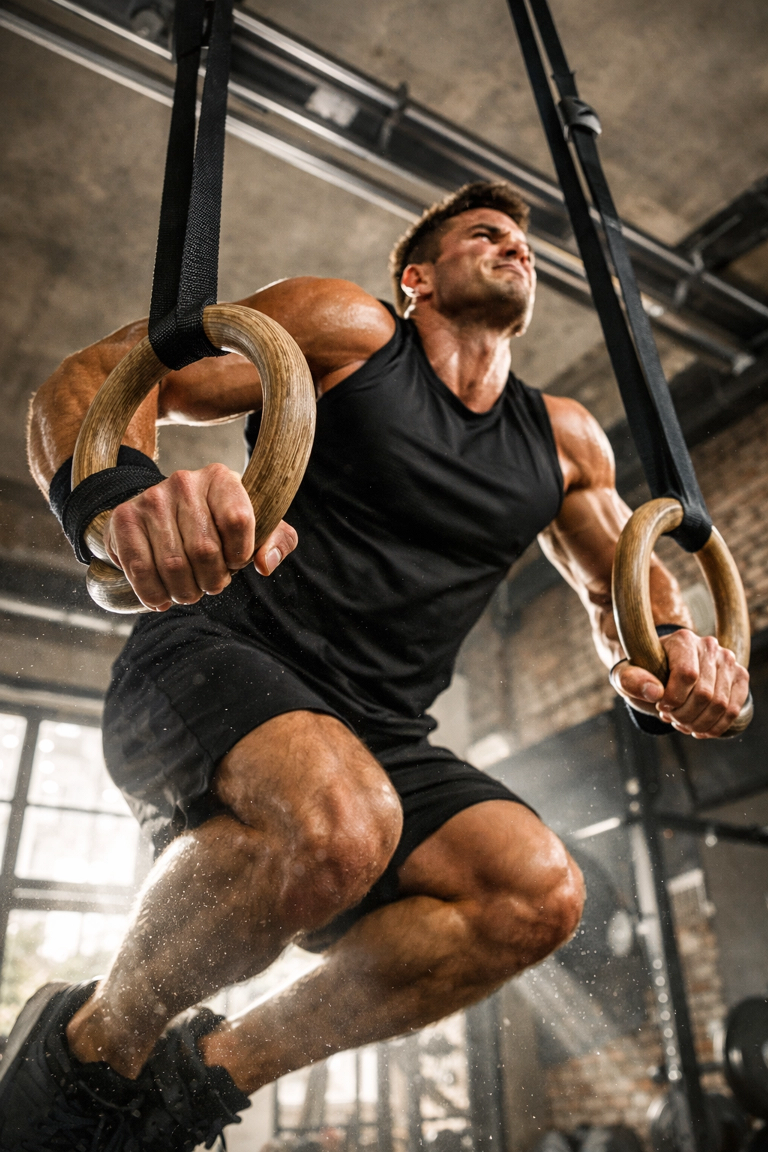 Gymnast performing a muscle-up on gymnastic rings for an intense full body workout at home.