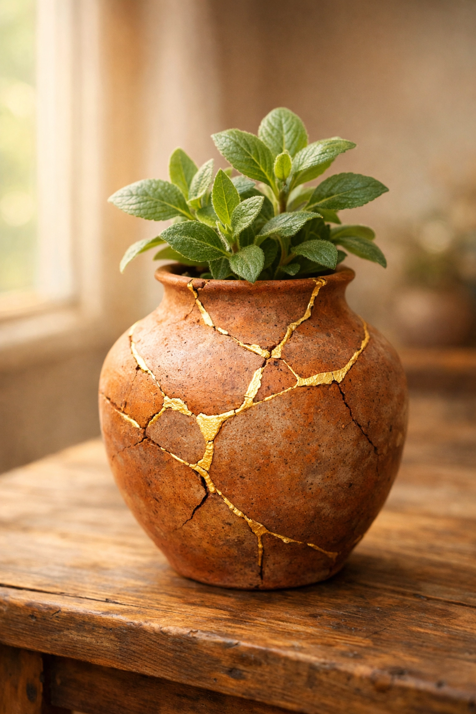 Kintsugi vase with a growing plant, illustrating the transformation of core wounds into personal gifts and resilience.