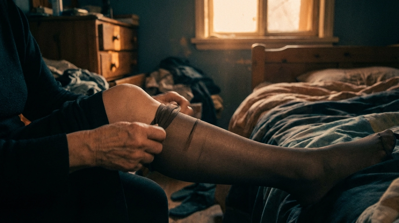 Hands slowly rolling sheer black pantyhose up a thigh in moody blue-and-amber natural light, grainy documentary intimacy