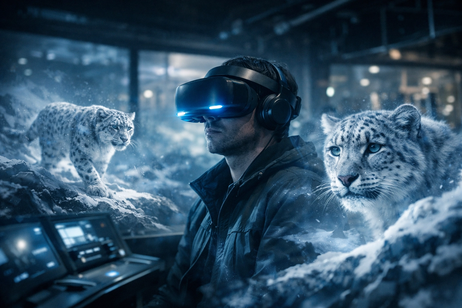 Visitor using a virtual reality headset to explore immersive 360-degree animal habitats at a modern zoo exhibit.
