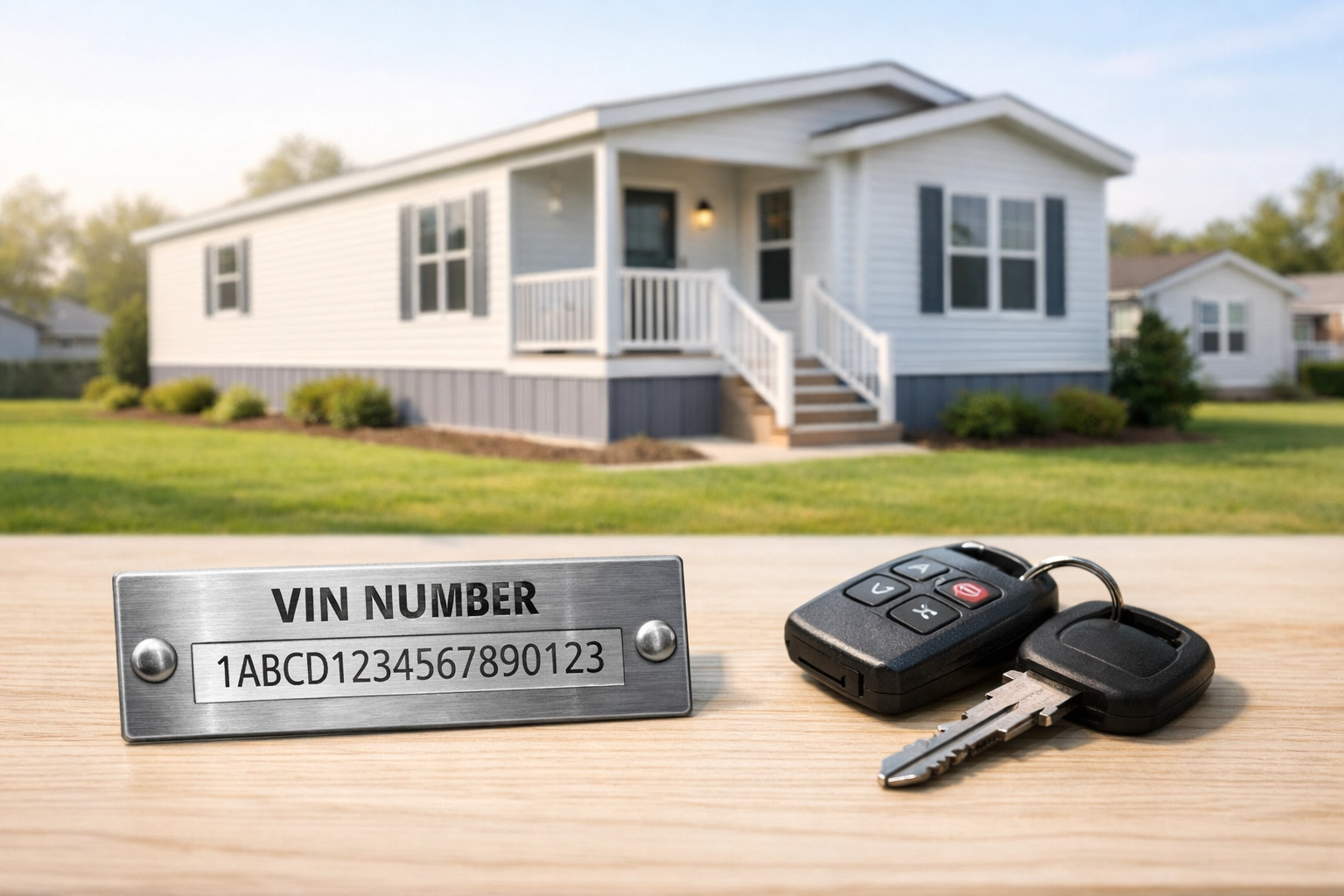 Manufactured home with a vehicle VIN plate and keys, illustrating the legal distinction between personal and real property.