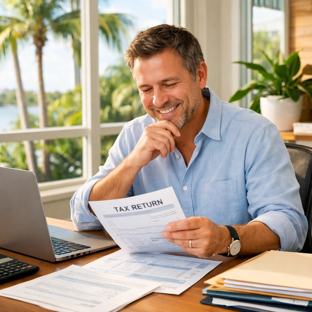 Small business owner reviewing tax documents for deductions and compliance in South Florida office