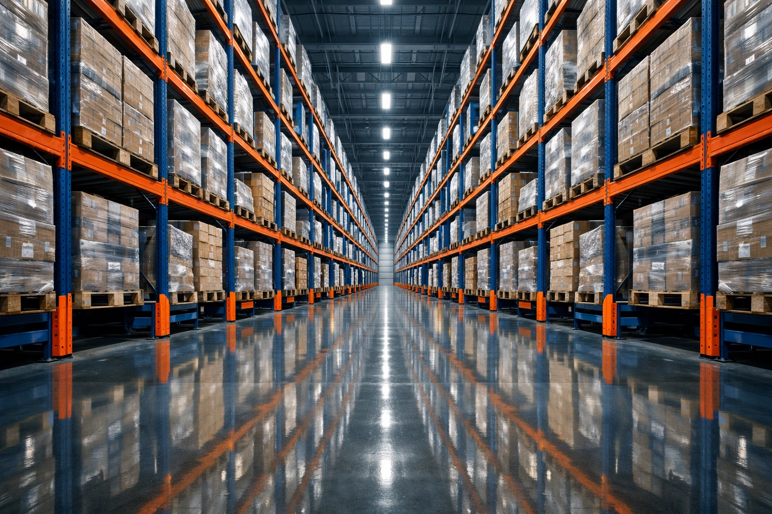 Wide-angle view of organized high-density racking in a third party logistics provider fulfillment center.