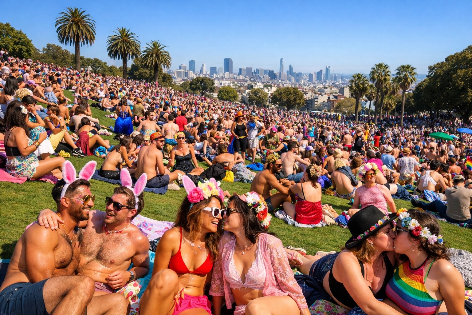 LGBTQ+ community members celebrating Easter Sunday at Mission Dolores Park in San Francisco.