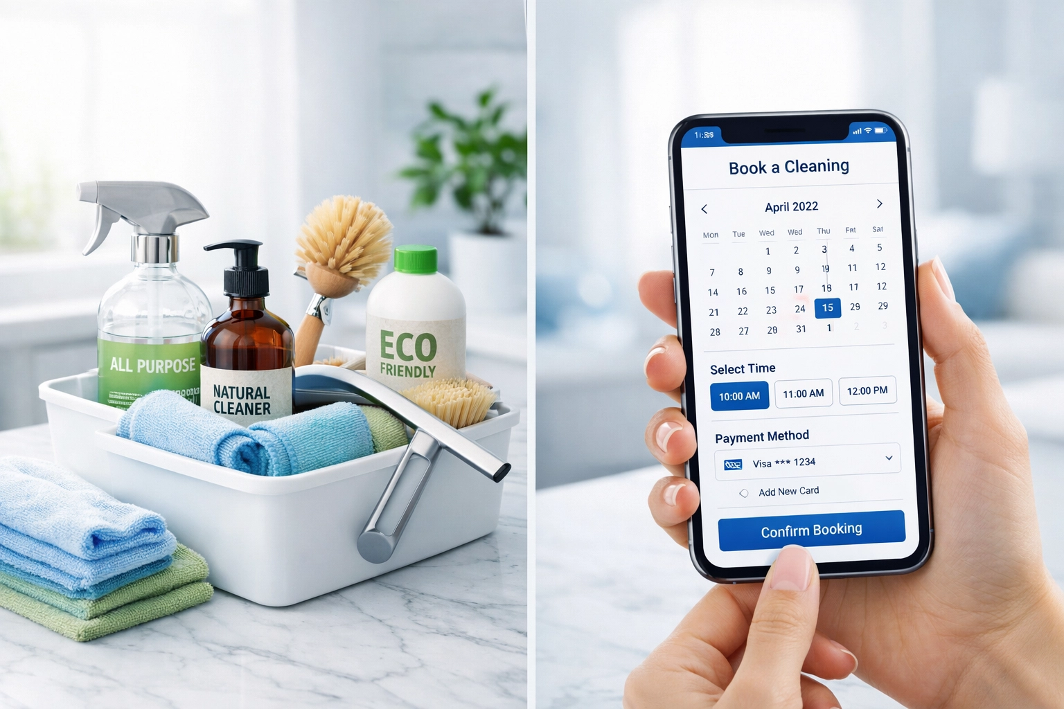 Professional cleaning supplies and online booking platform for easy scheduling